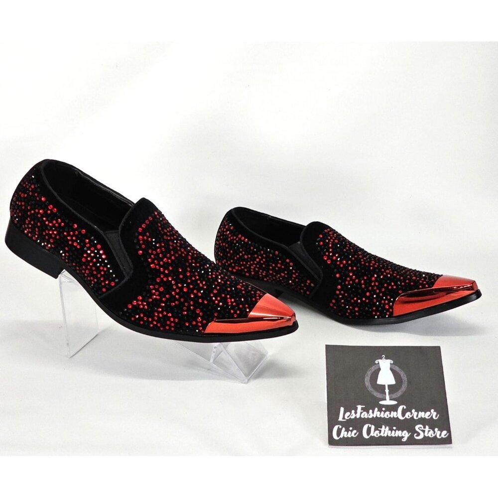 Bolano Men's Red/Black Leather Desta Dress Shoes Rhinestone Loafers Sz 7.5 1802 - Picture 4 of 16